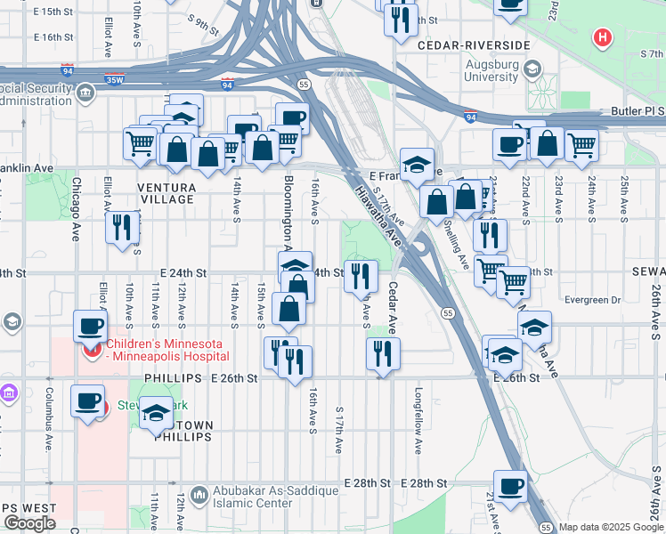map of restaurants, bars, coffee shops, grocery stores, and more near 1614 East 24th Street in Minneapolis
