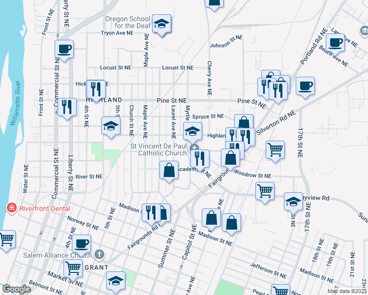 map of restaurants, bars, coffee shops, grocery stores, and more near 1015 Columbia Street Northeast in Salem