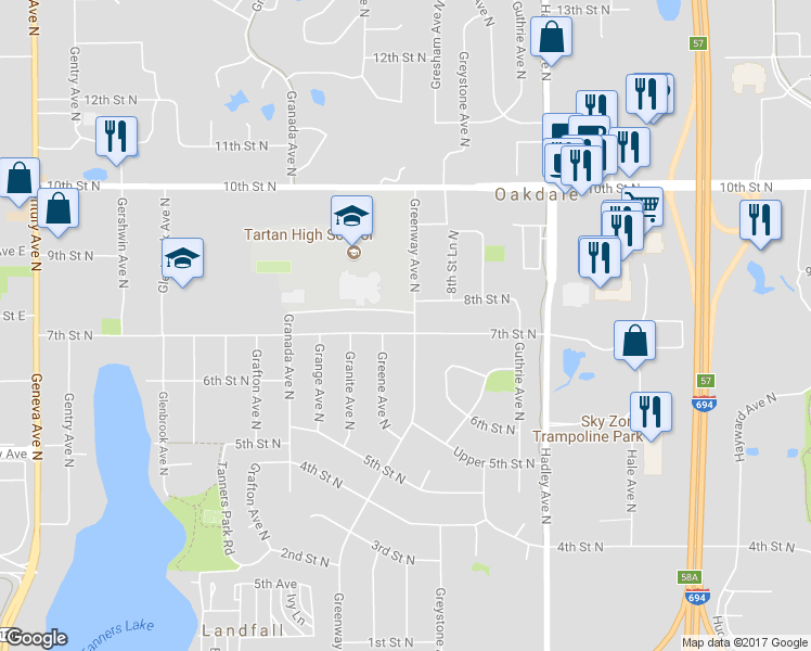 map of restaurants, bars, coffee shops, grocery stores, and more near 6742 7th Street North in Oakdale