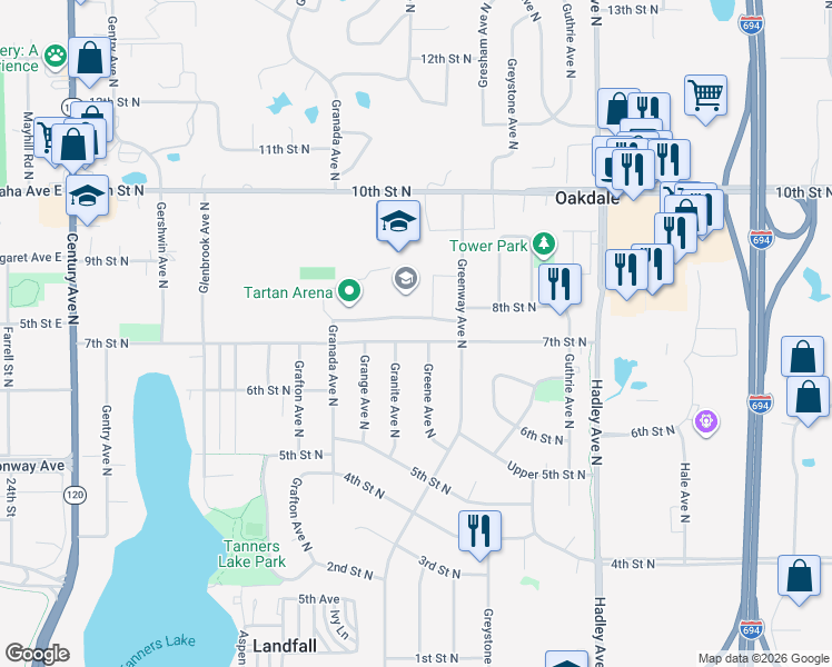 map of restaurants, bars, coffee shops, grocery stores, and more near 6670 7th Street North in Oakdale