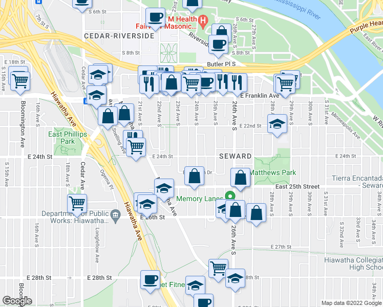 map of restaurants, bars, coffee shops, grocery stores, and more near 2310 East 24th Street in Minneapolis