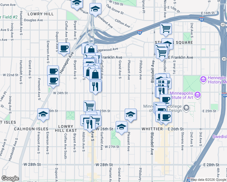 map of restaurants, bars, coffee shops, grocery stores, and more near 2317 Harriet Avenue in Minneapolis