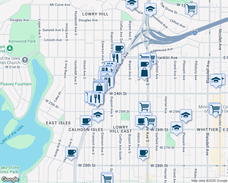 map of restaurants, bars, coffee shops, grocery stores, and more near 2321 Dupont Avenue South in Minneapolis