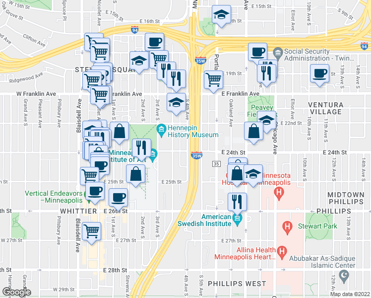 map of restaurants, bars, coffee shops, grocery stores, and more near 2324 South 4th Avenue in Minneapolis
