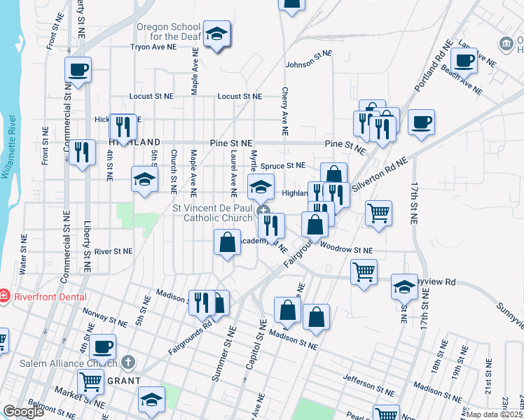 map of restaurants, bars, coffee shops, grocery stores, and more near 1015 Columbia Street Northeast in Salem