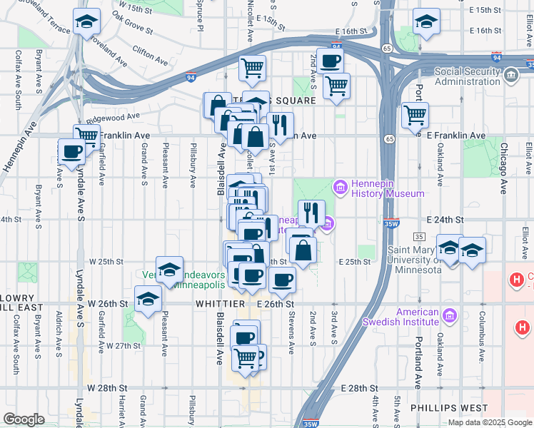 map of restaurants, bars, coffee shops, grocery stores, and more near 2315 Nicollet Avenue in Minneapolis