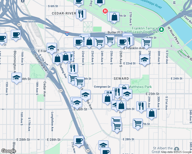 map of restaurants, bars, coffee shops, grocery stores, and more near 2310 East 24th Street in Minneapolis