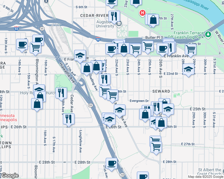 map of restaurants, bars, coffee shops, grocery stores, and more near 2104 East 24th Street in Minneapolis