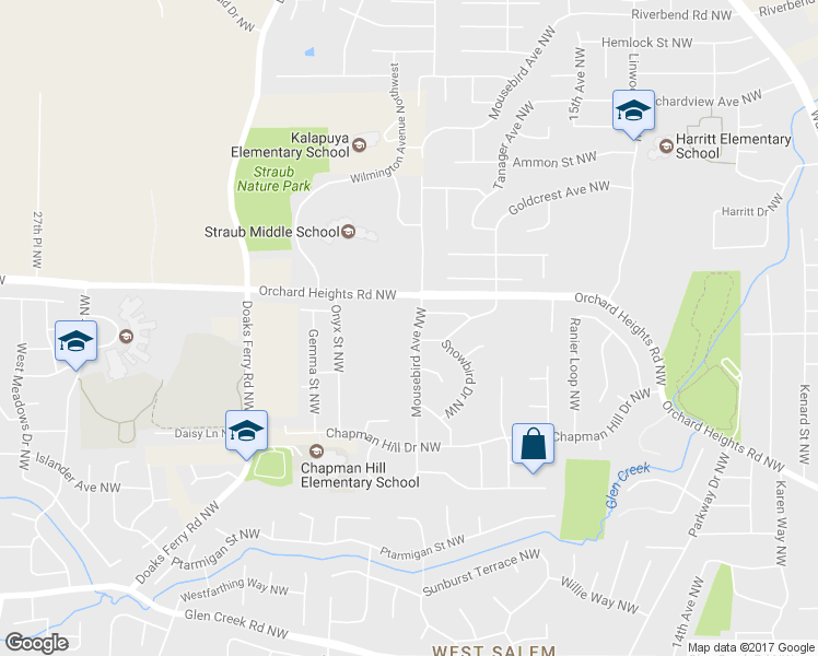 map of restaurants, bars, coffee shops, grocery stores, and more near 1753 Mousebird Avenue Northwest in Salem