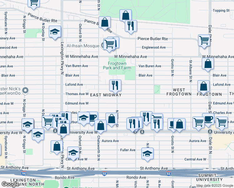 map of restaurants, bars, coffee shops, grocery stores, and more near Thomas Ave W & N Milton St in Saint Paul