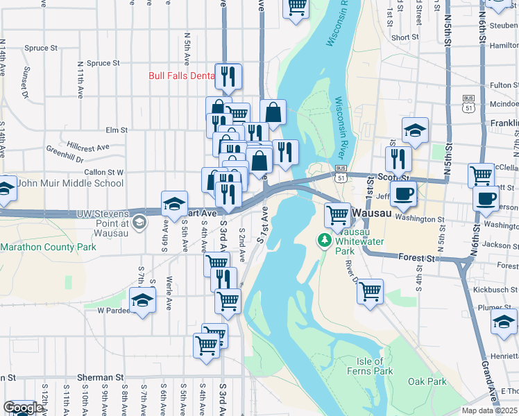 map of restaurants, bars, coffee shops, grocery stores, and more near 414 South 1st Avenue in Wausau
