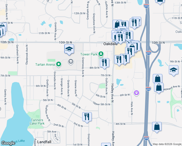 map of restaurants, bars, coffee shops, grocery stores, and more near 6812 7th Street North in Saint Paul