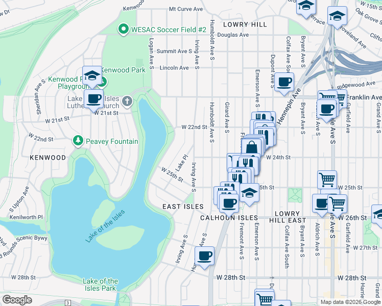 map of restaurants, bars, coffee shops, grocery stores, and more near 2320 Irving Avenue South in Minneapolis