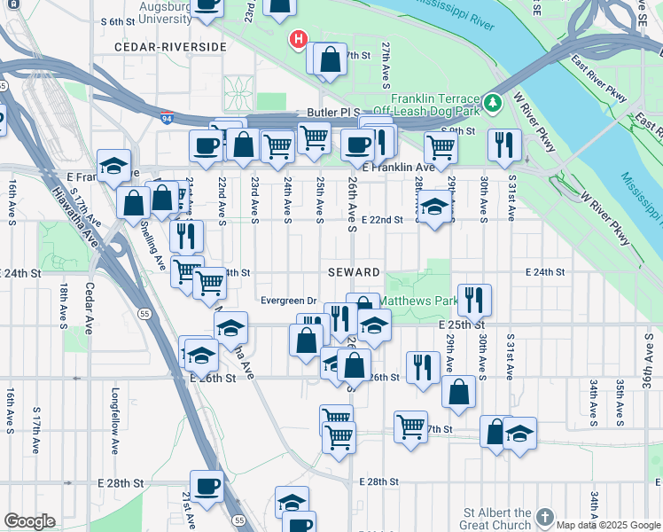 map of restaurants, bars, coffee shops, grocery stores, and more near 2510 East 24th Street in Minneapolis