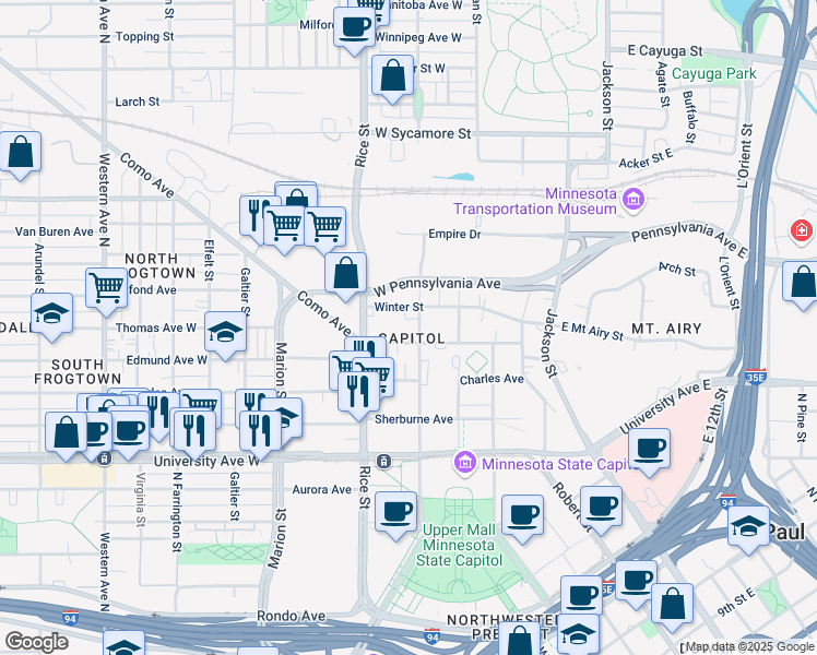 map of restaurants, bars, coffee shops, grocery stores, and more near 600 Park Street in Saint Paul