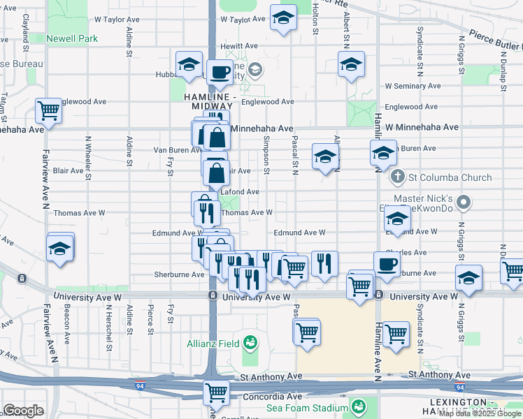 map of restaurants, bars, coffee shops, grocery stores, and more near 608 Simpson Street in Saint Paul