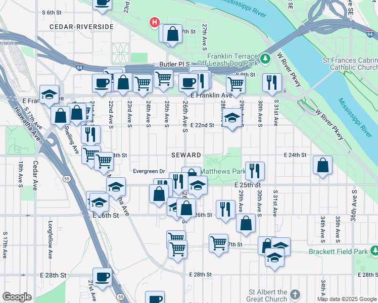 map of restaurants, bars, coffee shops, grocery stores, and more near in Minneapolis