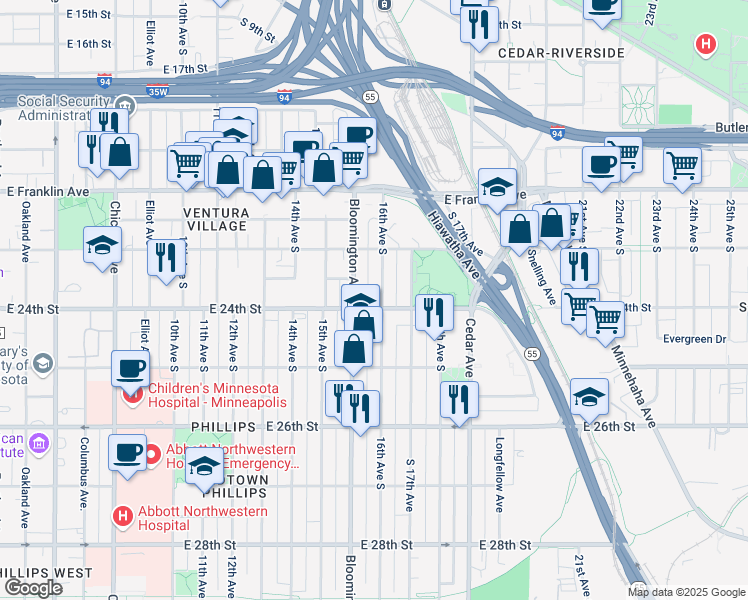 map of restaurants, bars, coffee shops, grocery stores, and more near in Minneapolis