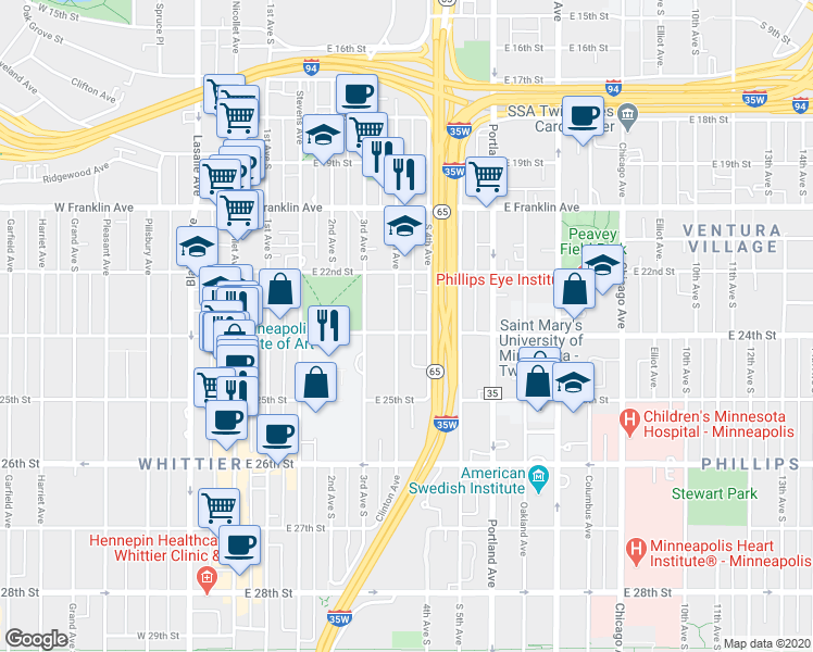 map of restaurants, bars, coffee shops, grocery stores, and more near 2323 Clinton Avenue in Minneapolis