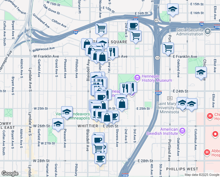 map of restaurants, bars, coffee shops, grocery stores, and more near 108 East 24th Street in Minneapolis
