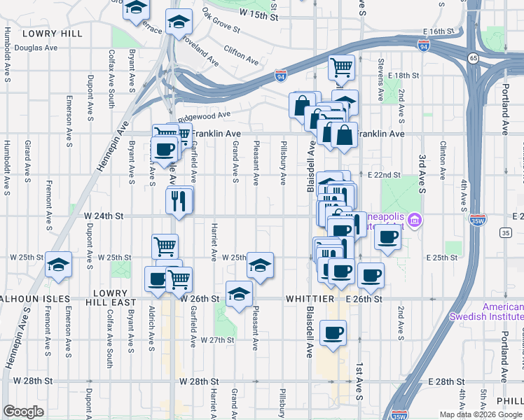 map of restaurants, bars, coffee shops, grocery stores, and more near in Minneapolis