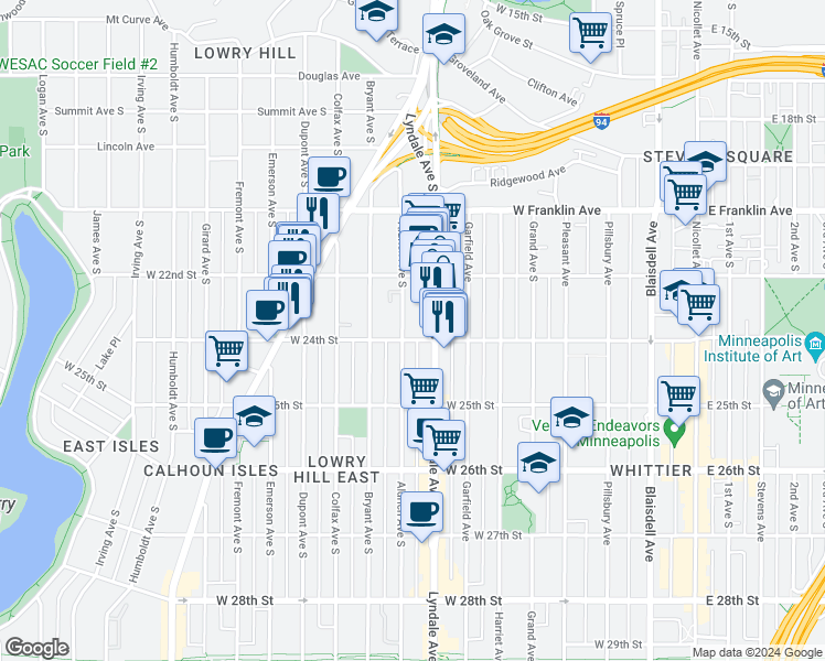 map of restaurants, bars, coffee shops, grocery stores, and more near 2310 Aldrich Avenue South in Minneapolis