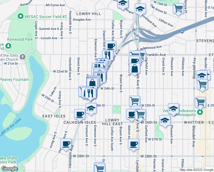 map of restaurants, bars, coffee shops, grocery stores, and more near 2315 Dupont Avenue South in Minneapolis
