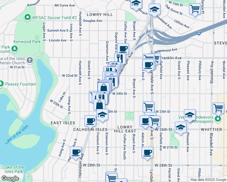 map of restaurants, bars, coffee shops, grocery stores, and more near 2330 Hennepin Avenue South in Minneapolis