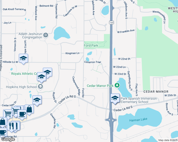 map of restaurants, bars, coffee shops, grocery stores, and more near 2336 Wildwood Trail in Hopkins