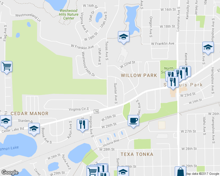 map of restaurants, bars, coffee shops, grocery stores, and more near 2317 Texas Avenue South in Minneapolis