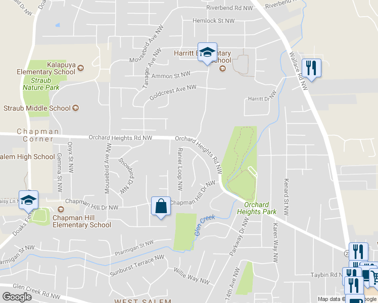 map of restaurants, bars, coffee shops, grocery stores, and more near 1390 Ranier Loop Northwest in Salem