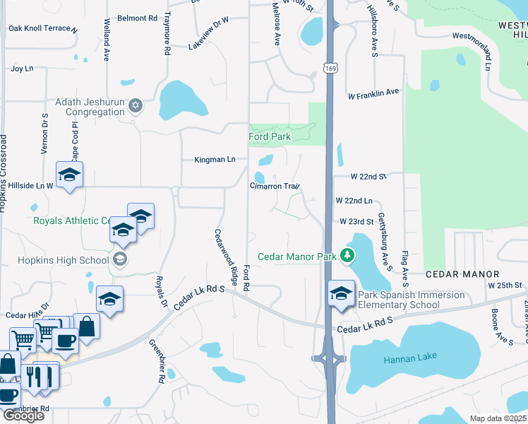 map of restaurants, bars, coffee shops, grocery stores, and more near 2336 Wildwood Trail in Hopkins