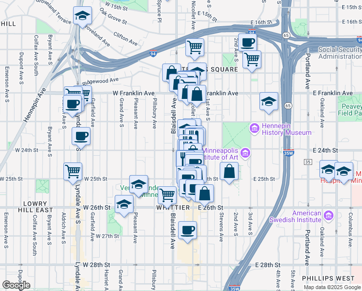 map of restaurants, bars, coffee shops, grocery stores, and more near 22 West 24th Street in Minneapolis