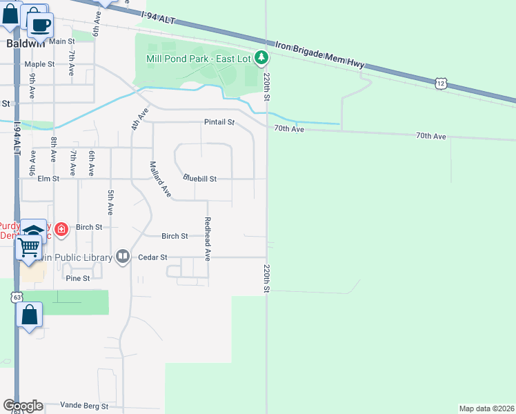 map of restaurants, bars, coffee shops, grocery stores, and more near 233 Pintail Street in Baldwin