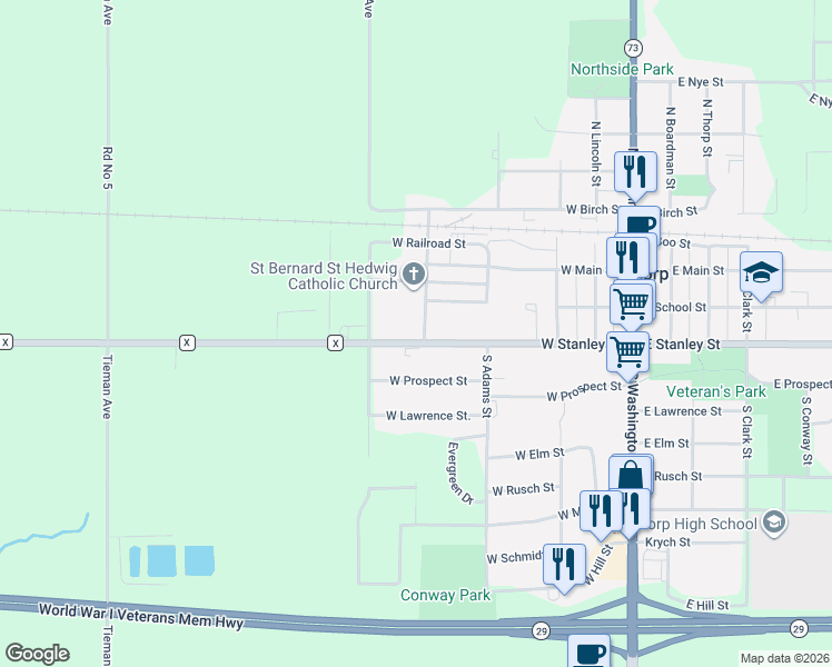 map of restaurants, bars, coffee shops, grocery stores, and more near 500 West Stanley Street in Thorp