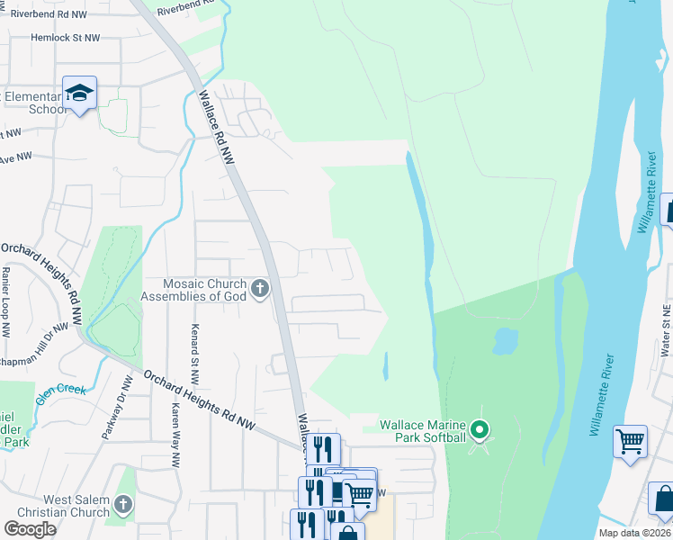 map of restaurants, bars, coffee shops, grocery stores, and more near 1722 Elk River Street Northwest in Salem