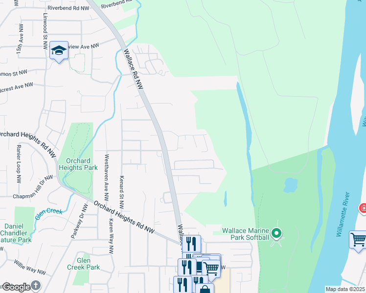 map of restaurants, bars, coffee shops, grocery stores, and more near 750 River Valley Drive Northwest in Salem
