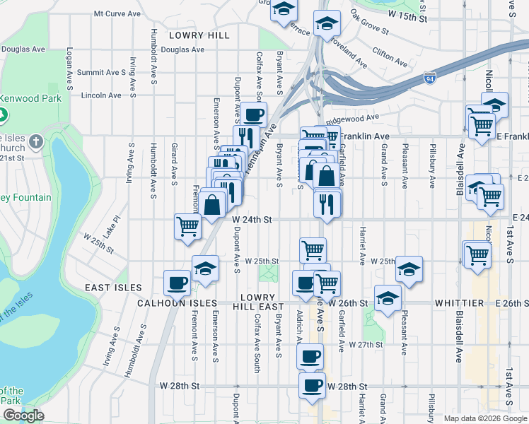 map of restaurants, bars, coffee shops, grocery stores, and more near 2315 Colfax Ave South in Minneapolis