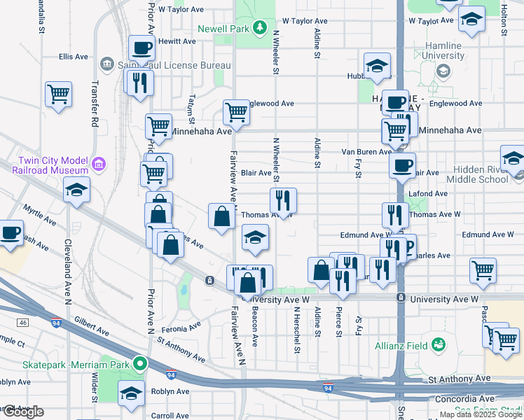 map of restaurants, bars, coffee shops, grocery stores, and more near 1779 Thomas Avenue West in Saint Paul