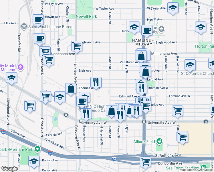 map of restaurants, bars, coffee shops, grocery stores, and more near 1707 Thomas Avenue West in Saint Paul