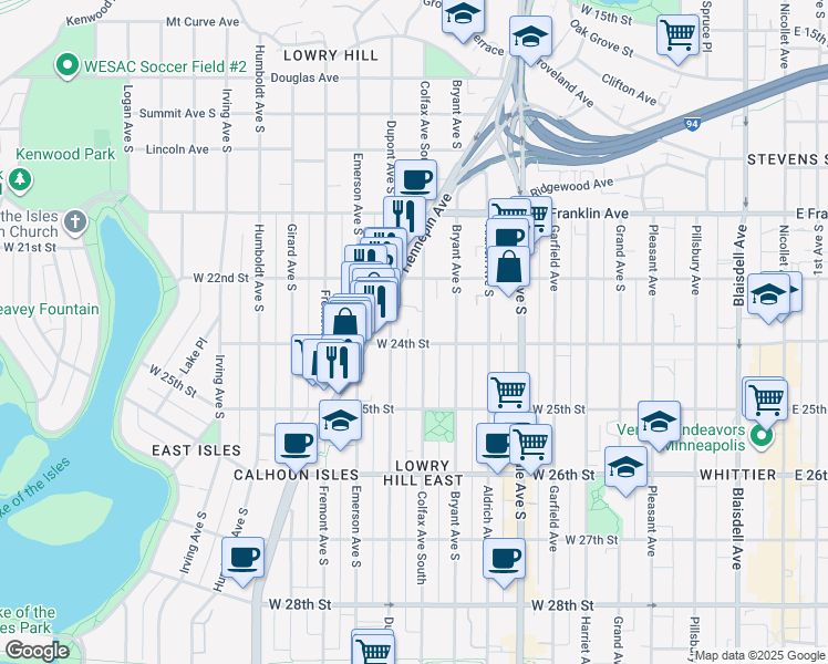 map of restaurants, bars, coffee shops, grocery stores, and more near 2315 Dupont Avenue South in Minneapolis