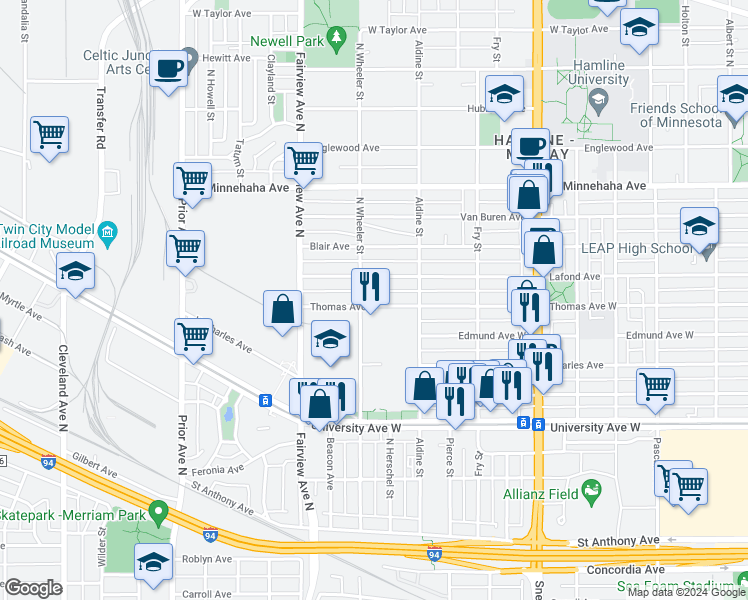 map of restaurants, bars, coffee shops, grocery stores, and more near 1749 Thomas Avenue West in Saint Paul