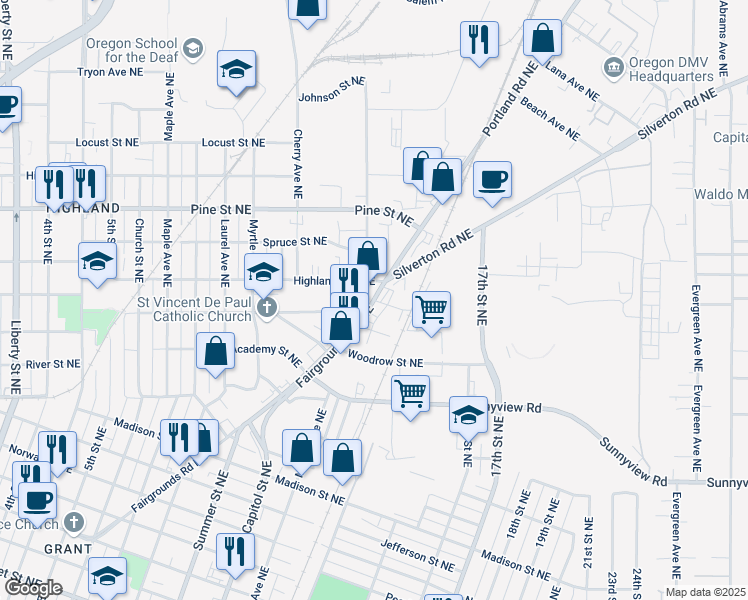 map of restaurants, bars, coffee shops, grocery stores, and more near 1301 Smith Street Northeast in Salem