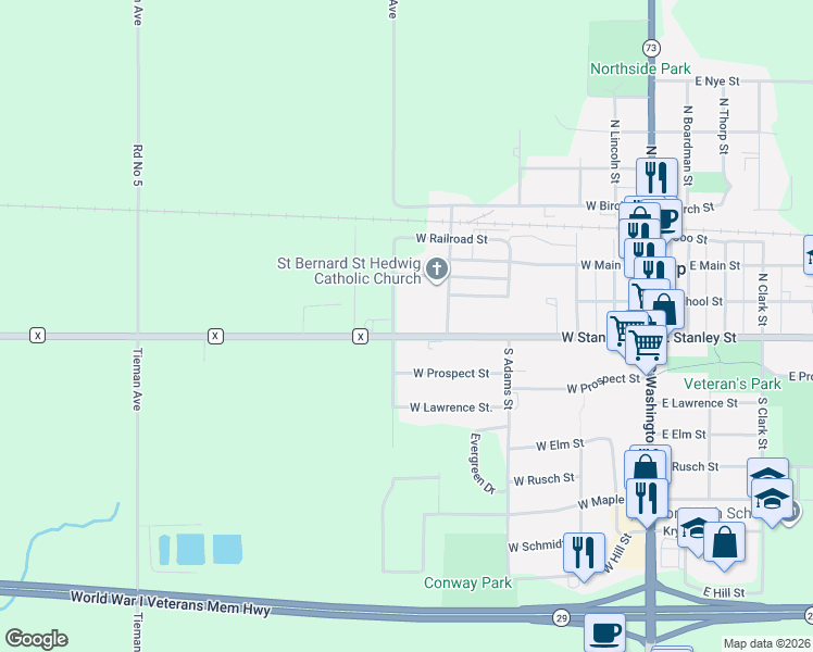 map of restaurants, bars, coffee shops, grocery stores, and more near 506 West Stanley Street in Thorp