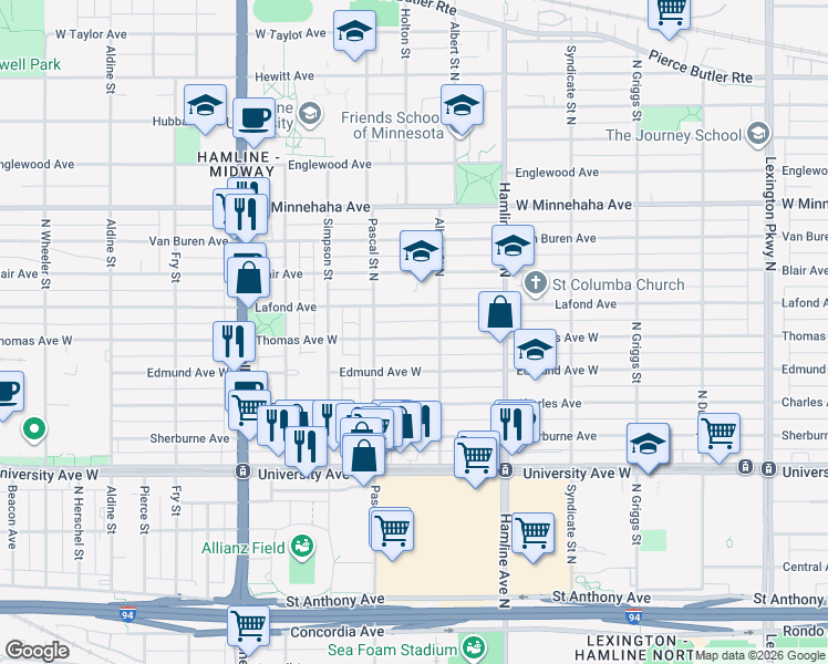 map of restaurants, bars, coffee shops, grocery stores, and more near 1427 Thomas Avenue West in Saint Paul