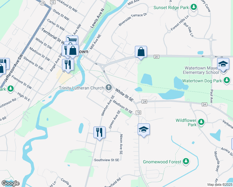 map of restaurants, bars, coffee shops, grocery stores, and more near 600 White Street in Watertown