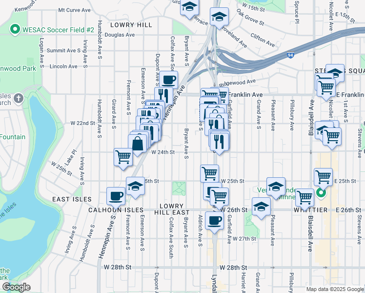 map of restaurants, bars, coffee shops, grocery stores, and more near 2314 Bryant Avenue South in Minneapolis