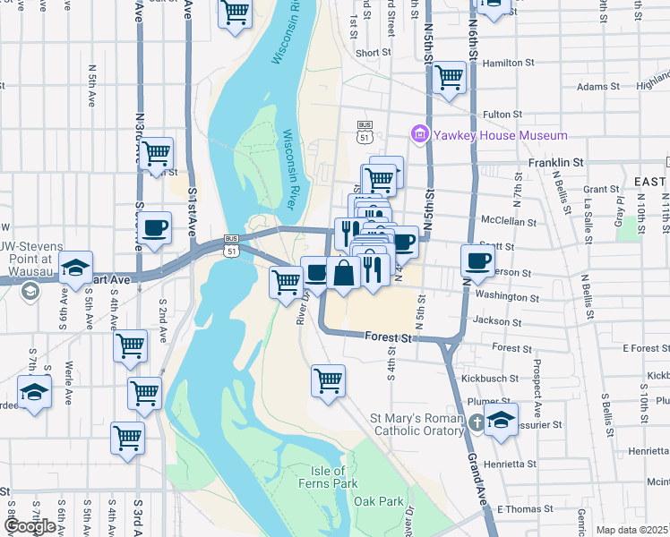 map of restaurants, bars, coffee shops, grocery stores, and more near 317 1st Street in Wausau