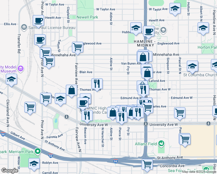 map of restaurants, bars, coffee shops, grocery stores, and more near 1707 Thomas Avenue West in Saint Paul