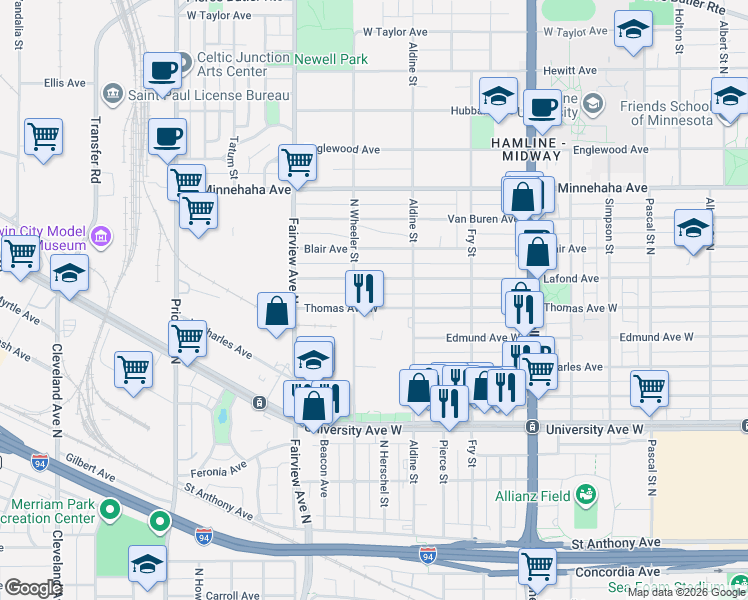 map of restaurants, bars, coffee shops, grocery stores, and more near 1749 Thomas Avenue West in Saint Paul
